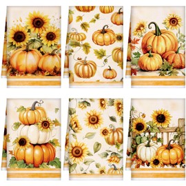 Bencailor 6 Pcs Fall Kitchen Towels Pumpkins Thanksgiving Dish Towels Maple Leaf Tea Reusable Hand Autumn Absorbent Cloth, 15.75'' x 23.62''(Yellow,Pumpkin, Sunflower)