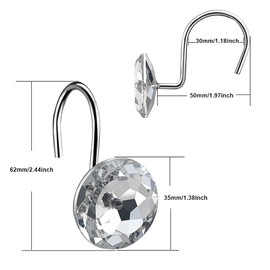 Shower Curtain Hooks Rings, Acrylic Crystal Diamond Decorative Hooks, Stainless Steel Rustproof S Shape Shower Hooks, Pack of 12