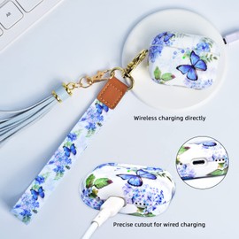 for AirPods Pro 2 Case with Wristlet Keychain, YOPICKERN Hard Pro 2nd Generation Case Protective Cover with Wrist Lanyard for Pro 2nd Generation (2022 Released) Gifts for Women, Butterfly