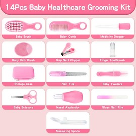 Baby Healthcare and Grooming Kit, 14 in 1 Baby Safety Set Newborn Nursery Health Care Set with Hair Brush Scale Nail Clippers for Baby Girls Boys (14 Kits Pink)