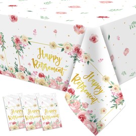 FVABO Retirement Decorations Party Tablecloth for Women Girl, 3Pcs Disposable Gold and Pink Floral Happy Retirement Party Table Cover Supplies for Teacher, Family, Workplace Farewells, 55in x 86in