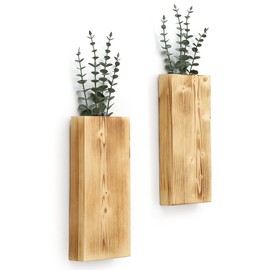 Wood Wall Planter Set of 2, Wood Wall Pocket for Greenery and Dried Flowers, Indoor Wood Hanging Vase, Modern Farmhouse Wall Decor for Living Room Bedroom Office Eucalyptus Stems Decorations (Retro)
