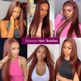 Tuheerst Straight Human Hair Bundles #33 Reddish Brown Color Doubles Weft Weave 3 Bundles Total 150g Unprocessed Human Hair Extension For Women 22 24 26 Inch