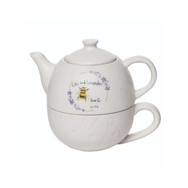 Honey Bee and Lavender Dolomite Stoneware Stackable 2-in-1 Single Serving Tea Pot and Cup Set