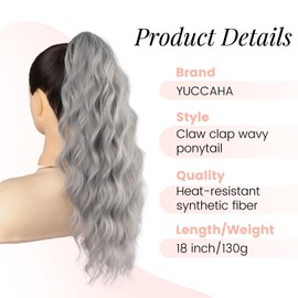 Ponytail Extension, 18 Inch Claw Clip Ponytail Extensions Curly Wavy Ponytail Hair Extension Jaw Clip on Pony Tails Hairpiece for Women Fluffy Natural Synthetic for Daily Use (Silver Grey)