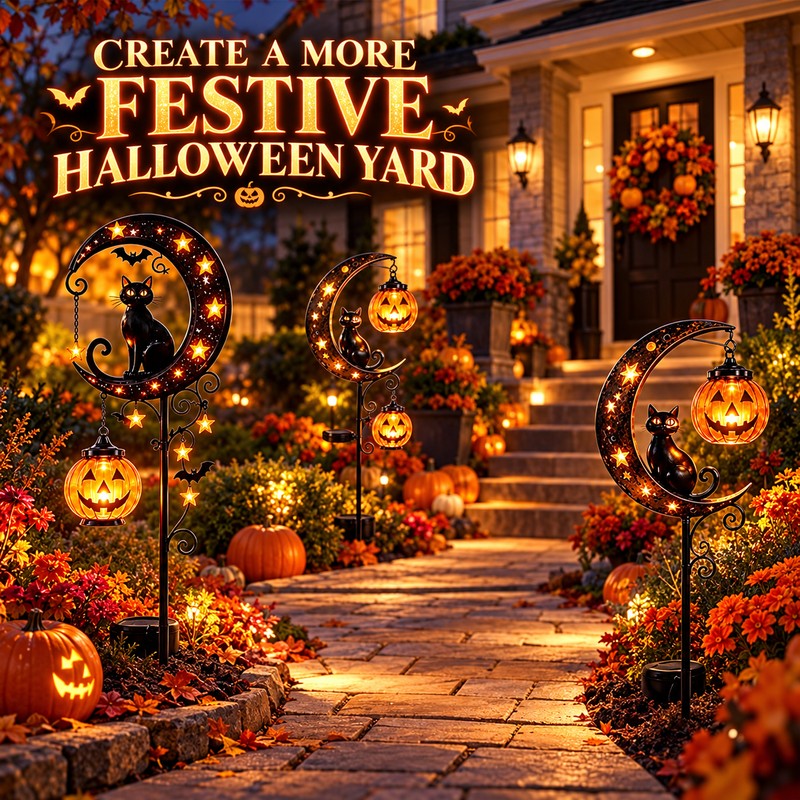 Solar Halloween Garden Stake Light, Black Cat Pumpkin Moon Outdoor