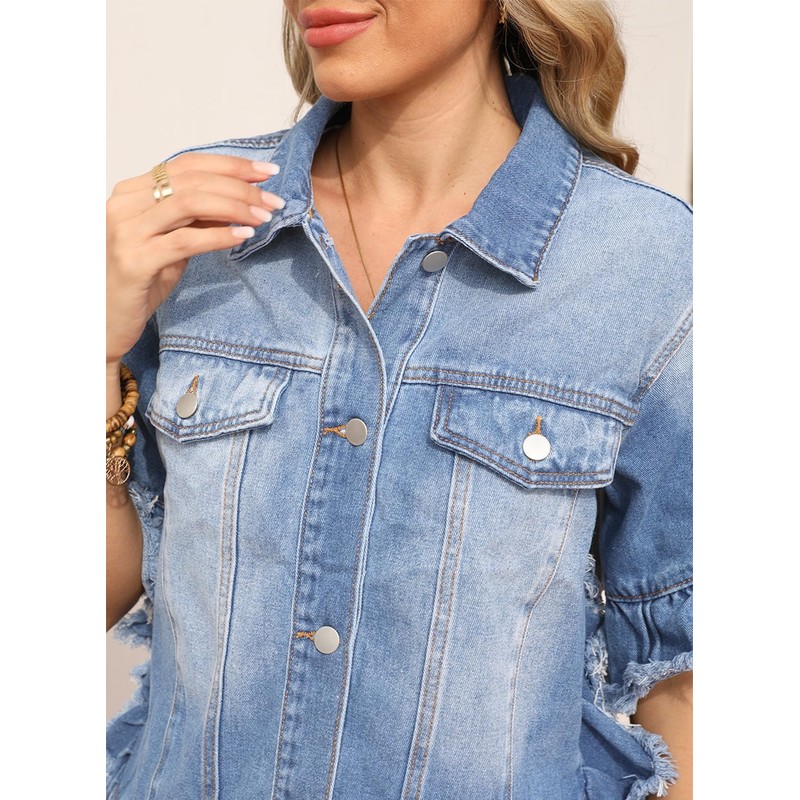 Sidefeel Womens Denim Jackets Casual Short Sleeve Button Down Ruffle