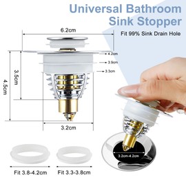Bathroom Sink Plug Replacement with Brass Bounce Core, 32-42 mm Universal Pop-up Bathroom Sink Plug Stainless Steel Drain Stopper Filter with Basket Hair Catcher for Sink Bathtub Kitchen