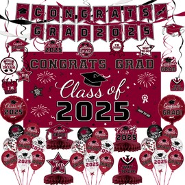 Maroon Themed Graduation Decorations Class of 2025 - Congrats Grad Banner & Backdrop, Graduation Hanging Swirl, Balloons, Honeycomb Centerpieces for High School & College Celebrations