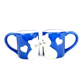 Kissing Cats Matching Mugs, Set of 2, White Kitties On Cobalt Blue Ceramic Cups