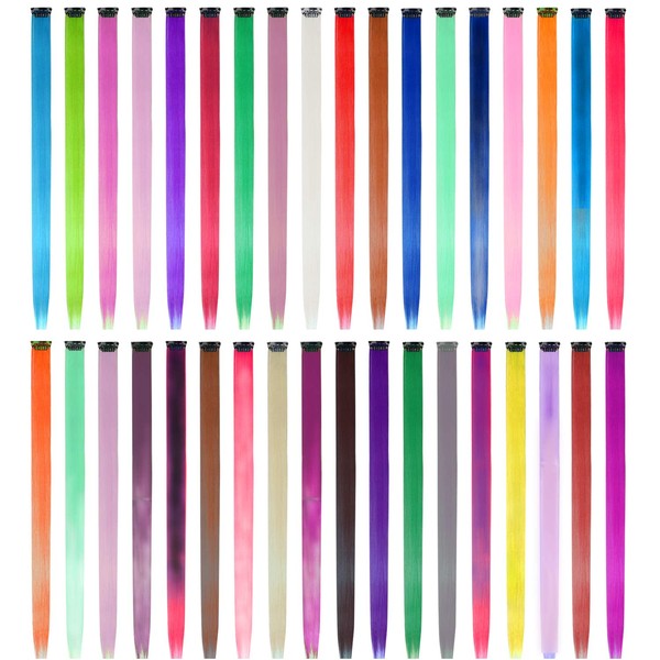 EuTengHao 36 Packs Coloured Clip-In Hair Extensions 22 Inch Colourful Straight Hair Extensions Clip for Women and Children Multicoloured Party Highlights Stripes Synthetic Hairpieces (36 Colour Set)