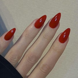 Red Press on Nails Almond Shape,KXAMELIE Glue on Nails Medium Acrylic Nails Press on with Solid Glossy Nude Color Design Fake Nails Set for Women Girls Daily Wear in 24PCS