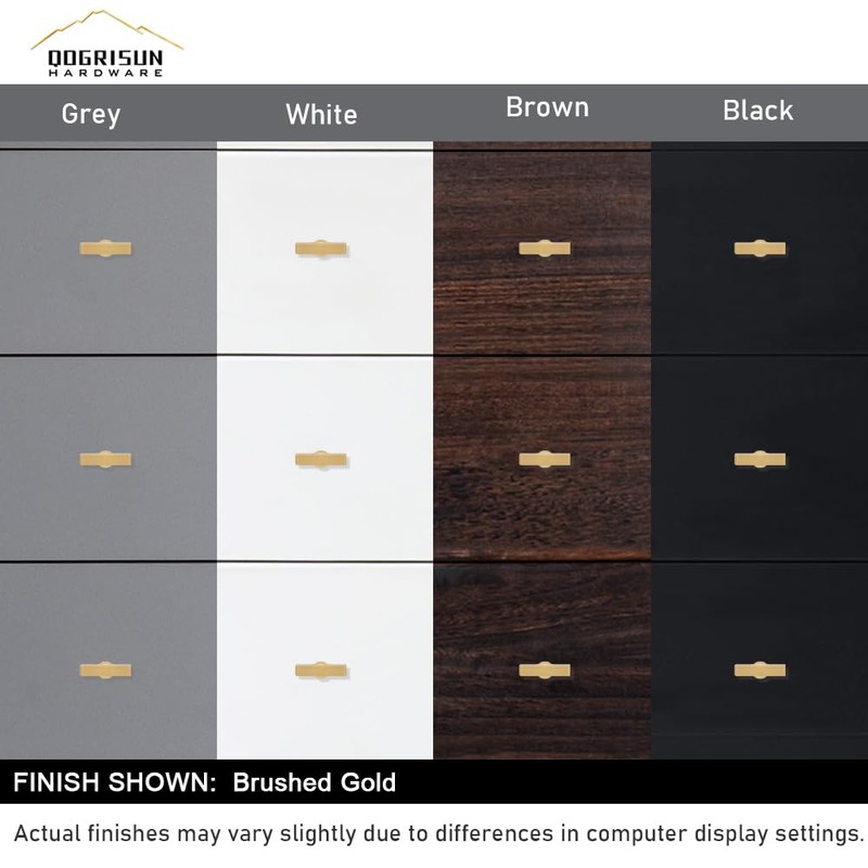 QOGRISUN 5-Pack Solid Brass Cabinet Knobs, Gold Square T Bar