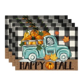 Artoid Mode Buffalo Plaid Truck Hello Fall Placemats Set of 4, 12x18 Inch Seasonal Autumn Table Mats for Party Kitchen Dining Decoration
