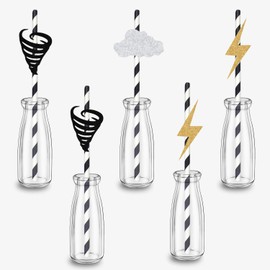 24 Pcs Tornado Paper Straws Decors, Four Nado Baby Shower Party Decorations, Weather Themed Party Decor, Storm Babys Birthday Party Supplies Black Gold Silver
