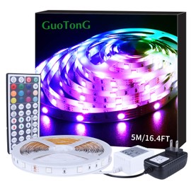 GuoTonG 16.4ft LED Strip Lights, 1 Roll of 16.4ft Lights Bedroom with 44 Keys IR Remote Controller and 12V Power Supply , RGB Color Changing LED Lights