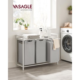 VASAGLE Laundry Hamper, Laundry Basket, Laundry Sorter with 3 Pull-Out and Removable Bags, Shelf, Metal Frame, 3 x 10.6 Gallons (40 L), 36.4 x 13 x 28.4 Inches, Dove Gray and Cloud White UBLH301W03
