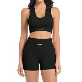 YOAKUKA - Conjunto de 2 piezas para mujer, cuello polo, elástico acanalado, sin costuras, para levantamiento de glúteos, pantalones cortos de entrenamiento para yoga, Negro -, M
