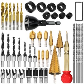 LAMPTOP 39-Pcs Woodworking Chamfer Drilling Tools Including 1-Pcs Bolt-Deburring Tool, 6 Pcs tap Drill bits, 5 Pcs Long Twist Drill Bit Tool, 6 Pcs 1/4" Hex Shank, 5 Flute Countersink Drill Bit
