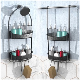 EMT ETRENDS Shower Caddy Hanging, Anti-Swing Shower basket over showerhead with suction cups; Never rust Bathroom Organizer over the door, Multiple Hanging Modes Shelf with Hooks, Matte Grey