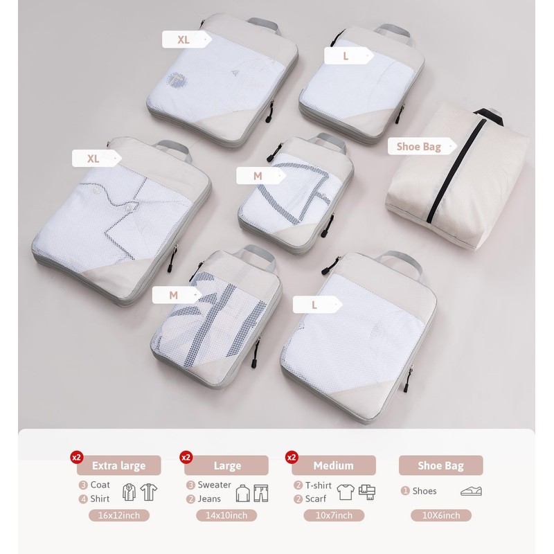 Meowoo Compression Packing Cubes 7 Set, Ripstop Mesh Travel Organizers