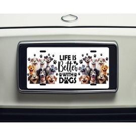 Dog Vanity Decorative Aluminum Front License Plate Car Accessory - Cute Car License Plate - Quality Made in the USA (Life Better with Dogs Cartoon)