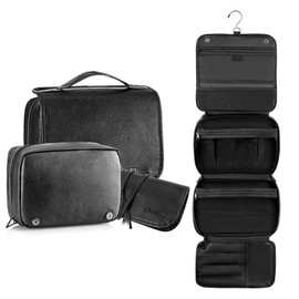 Elviros Toiletry Bag Hanging Travel Organizer for Men and Women, 3 in 1 Multifunctional Large Makeup Cosmetic Case for Toiletries Accessories, Water-Resistant PU Leather Bathroom Dopp Kit Shaving Bag