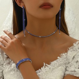 Cicod Royal Blue Prom Jewelry Set for Women Elegant Crystal Rhinestone Necklace and Earrings Bracelet Prom Accessories Silver Wedding Jewelry Sets for Brides (Blue)