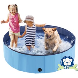 Foldable Dog Bath Swimming Pool Plastic Kiddie Pool Professional Tub Collapsible Grooming Bathtub for Pets Kids Baby and Toddler, 48 x 12 Inches Blue