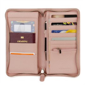 DONNAIN Genuine Leather Passport Holder Travel Wallet Large Capacity Travel Document Holder RFID Blocking Portable Travel Wallet Organiser (Pink)
