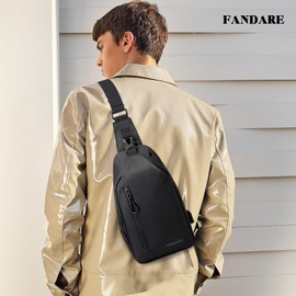 FANDARE Mens Chest Bag Outdoor Hiking Daypacks Sling Bags for Personal Flex Bag with USB Charging Port & Earphone Hole Small Crossbody Sling Backpack Shoulder Man Bags Travel Satchel Bag Black