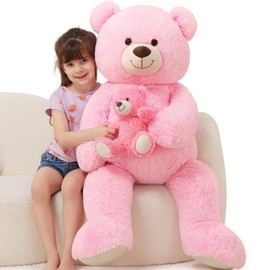 MorisMos Giant Teddy Bear Stuffed Animals for Girlfriend, 43 in Large Stuffed Bear, 2-in-1 Mommy and Baby Teddy Bear for Baby Shower, Pink Teddy Bear Plush Toys Gift for Kids Birthday Mother's Day