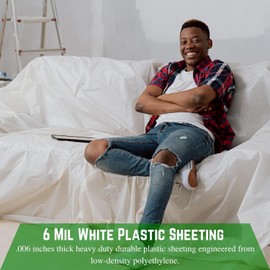 VBS - 6 mil White Construction Plastic Sheeting - Thick Plastic Sheeting, White Plastic Tarp, Construction Plastic, Dust Containment, Drop Cloth Vapor Barrier, White Plastic Sheeting (16' x 75')