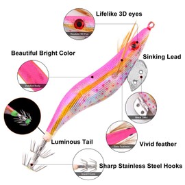 Squid Jig Sea Fishing Lures Kit,10pcs Luminous Squid Lures Glow Jigs Hook Wood Shrimp Hard Lure Baits Octopus Cuttlefish Saltwater Fishing Lure Tackle Set (3.0#-12cm)