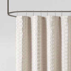 Madison Park Metro Bathroom Shower, Textured Woven Clipped Design Modern Mid-Century Privacy Bath Fabric Curtains, 72"x72", Sand