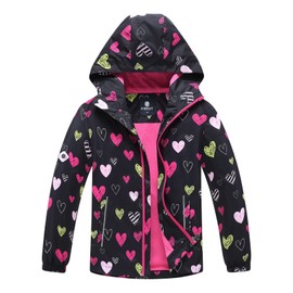 MGEOY Girls Rain Jacket Lightweight Waterproof Hooded Cotton Lined Raincoat Windbreaker for Kids Black Hearts 10/12