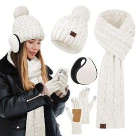 URATOT Women Winter Beanie Hat Scarf Gloves Ear Warmer 4 in 1 Set Beanie Pompom Hat Touchscreen Gloves Long Scarf Ear Warmer White