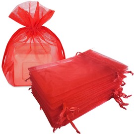 Gmnosuw 50 Pcs Organza Drawstring Gifts Bags for Jewelry,Tiny Toy, Sheer Fabric 4x6 Inches Mesh Red Tie Sack for Baby Shower,Christmas,Birthday,Party Favors,Wedding,Valentines Day,Flat,Housewarming