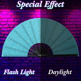 Ripeng 13" Glitter Large Rave Hand Fan Folding Clack Rave Fan for Women with Leg Strap and Fabric Case Bag for Dance, Edm(Sky Blue)