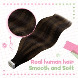 YoungSee Tape in Hair Extensions Balayage Brown with Dark Brown Tape Extensions Human Hair 16Inch Ombre Brown Tape Hair Extensions Real Human Hair 50g 20pcs Seamless Tape in Hair Extensions Human Hair