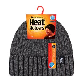 HEAT HOLDERS - Mens Ribbed Knit Fleece Lined Insulated Warm Turn Over Cuff Thermal Winter Beanie Hat (One Size, Grey (TOR))