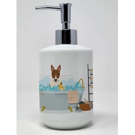 Caroline's Treasures WDK5834SOAP Brindle Bull Terrier in Bathtub Ceramic Soap Dispenser Hand Soap Dispenser Pump Bottles for Bathroom Kitchen, Empty Refillable Liquid Soap Container