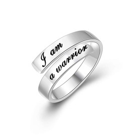 I Am A Warrior Rings 925 Sterling Silver Inspirational Ring Engraved Adjustable Motivational Gifts for Women Girls