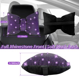 2 Pack Bling Car Pillows, Rhinestone Bow Pillow for Car, Comfortable Neck Support Headrest Pillows Pink Diamond Accessories for Girls and Women (Purple Diamond)