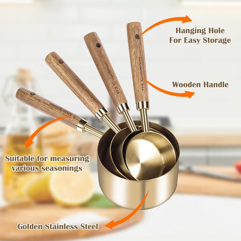 Measure Cup and Spoon Set,Gold Measuring Cup Spoon Set,Wooden Handle