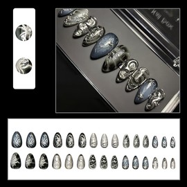Almond Press on Nails Short Goth Fake Nails Gradient Black Full Cover Acrylic Stick on Nails 3D Metal Punk Charms Design Silver False Nails Irregular Stripes Artificial Glue on Nails for Women 30Pcs