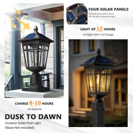 zeyu 16 Inch Solar Exterior Post Lamp Light, Dusk to Dawn Outdoor Lamp Post Light with Remote, Die-Cast Aluminum with Seeded Glass Shade, Black Finish, ZYX113P SL BK
