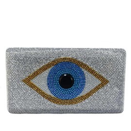 Boutique De FGG Evil Eye Women Handbags Silver Crystal Clutch Bag Formal Prom Party Rhinestone Evening Purse