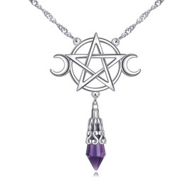 HUKKUN Triple Moon Goddess Necklace Made of Sterling Silver with Purple Crystal Hexagram Necklace Witch Jewellery Gift for Women, Sterling Silver