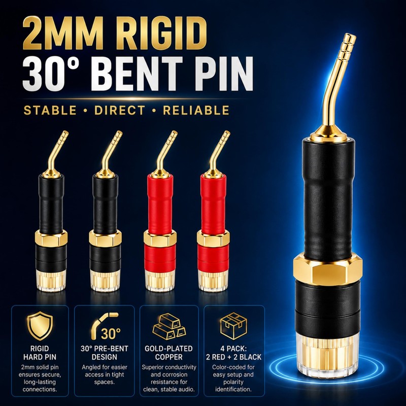 KOOKFJLLZ Banana Plug Adapter 2mm Rigid Pin, 30° Pre-Bent Gold-Plated